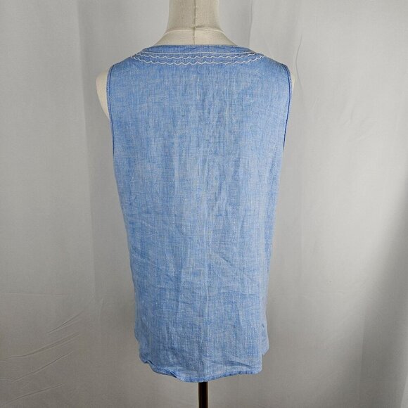 Hiho Blue Linen Sleeveless Tunic Top Small Scalloped V-Neck Coastal Resort - Picture 4 of 8